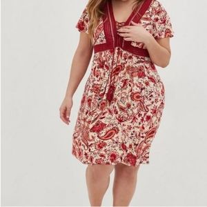 NWT Torrid Red Paisley Mini Gauze Lace Up Skater Dress Size 2X 18/20